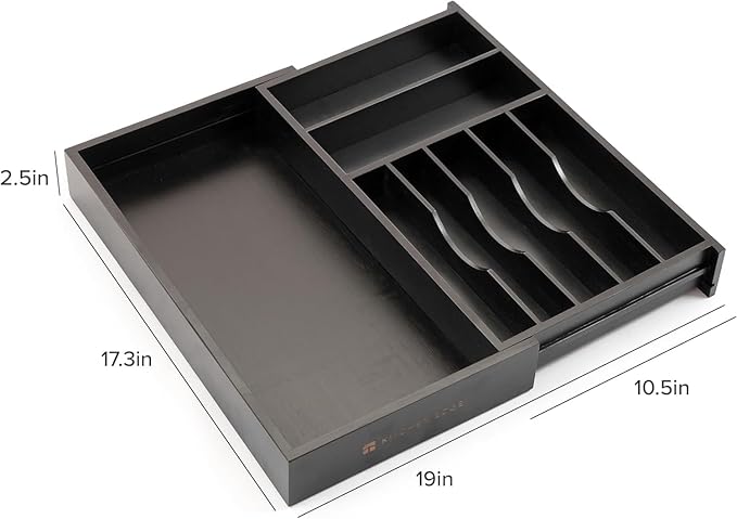 KitchenEdge Premium Silverware, Flatware and Utensil Organizer for Kitchen Drawers, Food-Safe Contract Grade, Expandable from 10.5 to 19 In, Black Bamboo