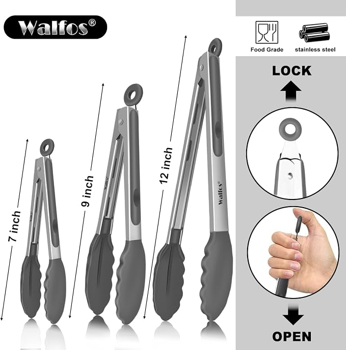 Walfos 600 Degree Heat Resistant Silicone Tongs for Cooking - Kitchen Tongs With Silicone Tips set of 3 size Food Looking Tongs (7" 9" and 12 inch Dark Grey)