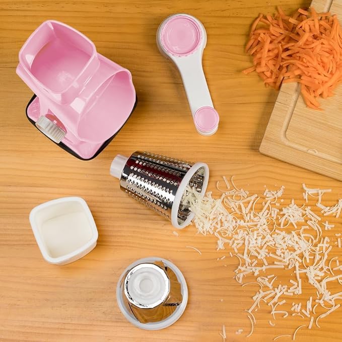 KEOUKE Rotary Cheese Grater Hand Crank Pink - Shredder Slicer Grinder 3 Stainless Steel Blades, Stable Suction, Labor-Saving Handle, Safe Kitchen Tool for Cheese, Vegetable, Nuts, Chocolate