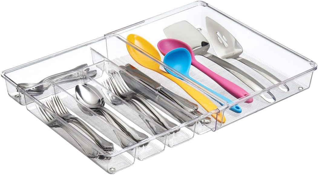 iDesign Linus Expandable Kitchen Drawer Organizer for Silverware, Spatulas, Gadgets - Clear