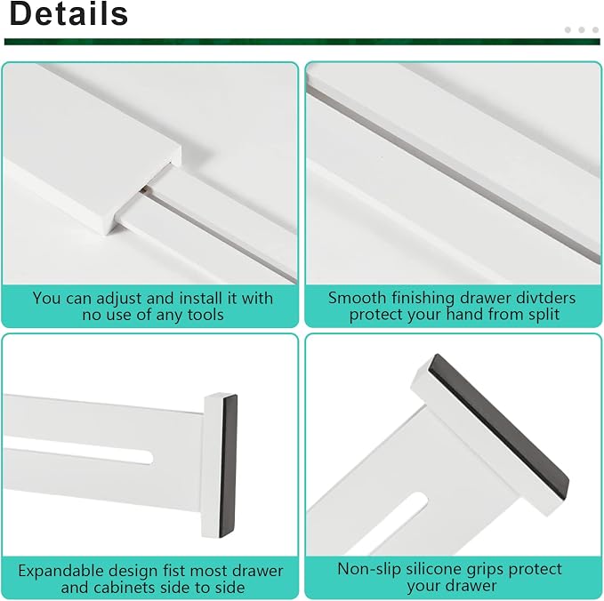 4 Pack Bamboo Drawer Dividers 2.6" High, Adjustable Length from 12 Inch to 17 Inch, Expandable Kitchen Drawer Organizer Separators for Clothes, Kitchen, Bedroom, Dresser, Office (White)