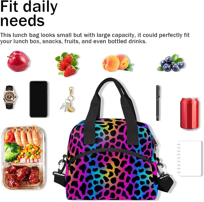 Colorful Leopard Prints Insulated Lunch Bag for Women Men Reusable Lunch Box Cooler Bag Large Leakproof Lunch Tote with Adjustable Shoulder Strap for Adult Work Picnic Camping Beach Office