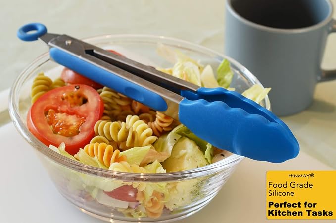 HINMAY 9-Inch Cooking Tongs with Silicone Tips, Set of 3 (Blue)