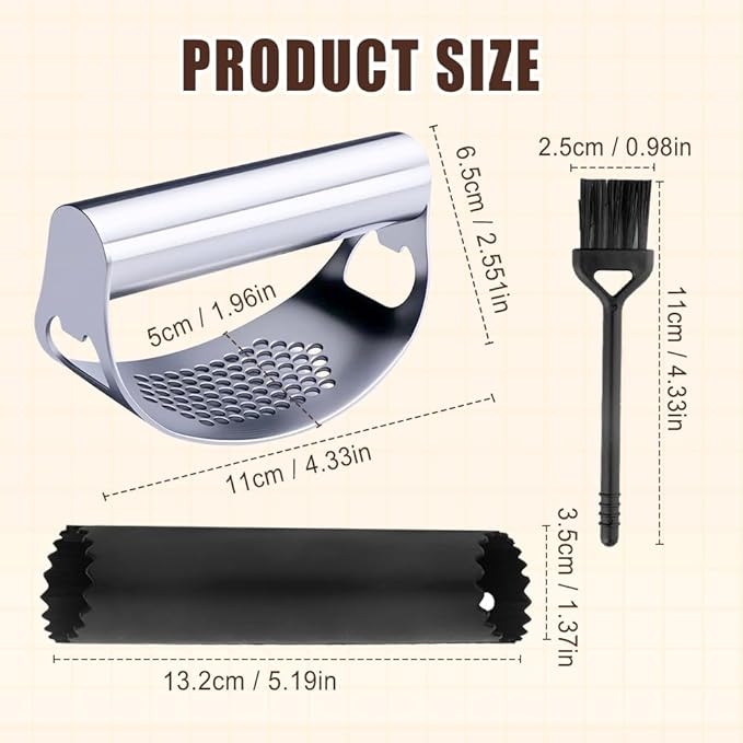 Stainless Steel Garlic Press Rocker, 2025 New Heavy Duty Gralic Crusher Tool with Peeler and Brush for Smash Garlic Built-in Bottle Opener - Easy Kitchen Gadget for Effortless Garlic Prep (1, black)