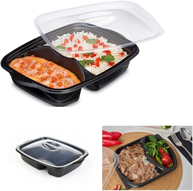 BPA Free Plastic PK5 2 Section Takeaway CONTAINERS & Lids -Plastic Food Containers, Meal Prep BENTO Boxes, Home, Pub, Catering Kitchens, Reuseable, Microwave & Freezer Safe (PK5 2 Section)
