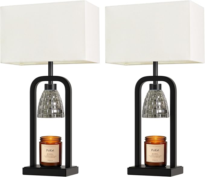 PoKat Electric Candle Warmer Lamps Gold, Lamp Candle Warmers with Timer Dimmer, Wax Light Warming Table Lamps Set of 2 for Jar Candles, Modern Bedside Lamp for Home Decor Living Room, Bulb Included