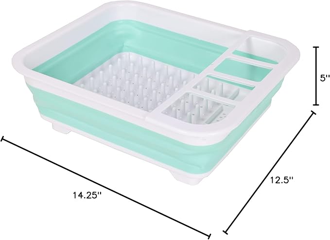 J&V TEXTILES Collapsible Dish Drying Rack - Popup for Easy Storage, Drain Water Directly into The Sink, Room for Eight Large Plates, Sectional Cutlery and Utensil Compartment, Compact (Blue)
