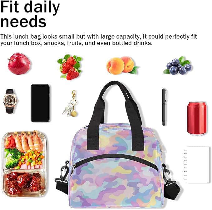 Pardick Colorful Camo Camouflage Insulated Lunch Bag for Women Leakproof Lunch Box Large Cooler Thermal Tote Bag with Shoulder Strap Meal Prep Bags for Work School Office Picnic Teen Girls Adult