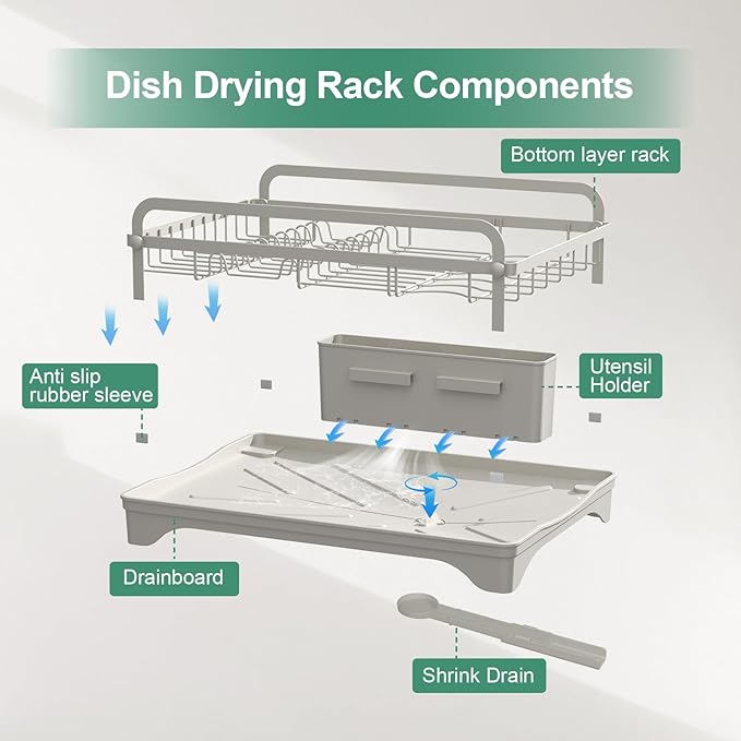 Dish Drying Rack,Dish Racks for Kitchen Counter,Metal Dish Drainer with Adjustable Drainage Spout,Removable Knife and Fork Holder (Grey)