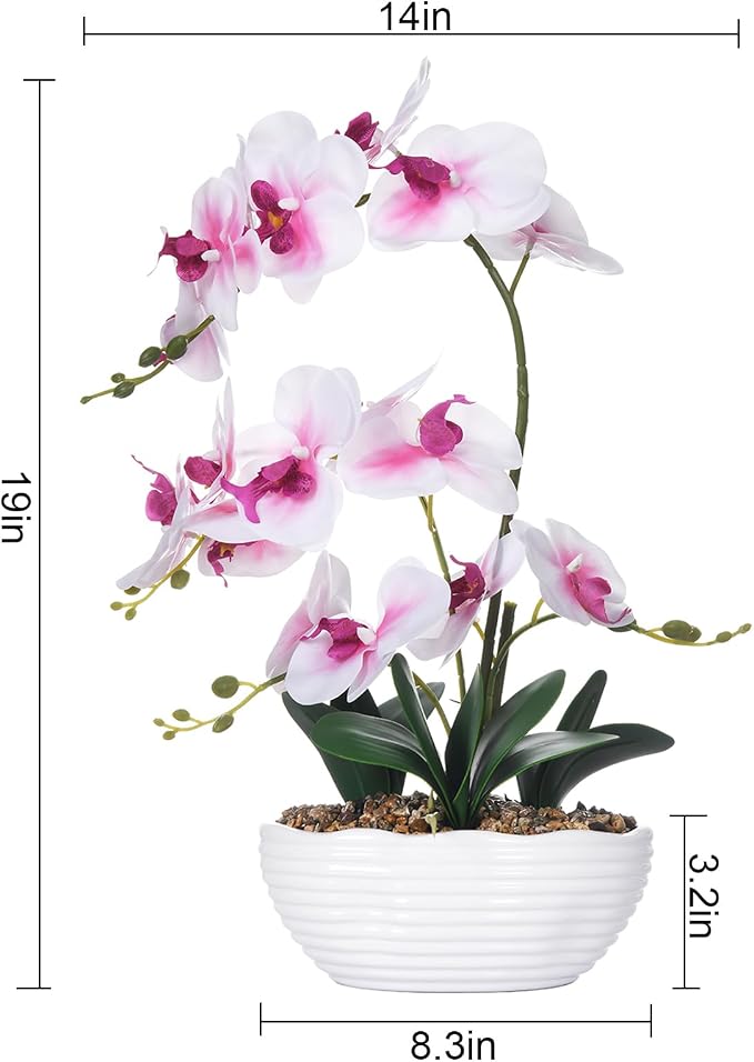 19" H Phalaenopsis Faux Orchid Plant Silk Orchid Centerpiece Artificial Floral Arrangement in Ceramic Pot (White and Pink)