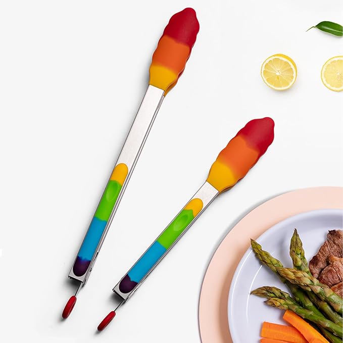 Rainbow Tongs for Cooking, Heat Resistant Stainless Steel Kitchen Tongs with Silicone Tips, 9 & 12 Inch Silicone Tongs, Set of 2