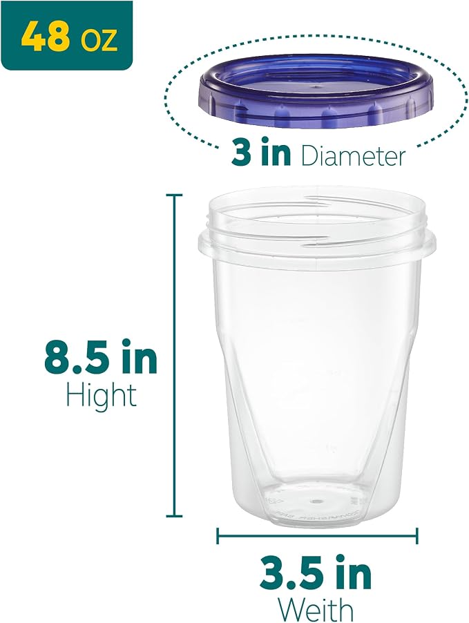 PLASTICPRO 6 Pack Twist Cap Food Storage Containers with Blue Screw on Lid- 48 oz Reusable Meal Prep Containers - Large Freezer Containers Microwave Safe Blue Plastic Food Storage