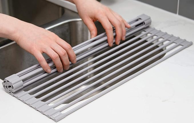 Surpahs 17.5 x 13.1 Inch Roll-Up Dish Drying Rack, Fits Across Sink Openings up to 16.5 Inches, Heavy-Duty Premium Silicone, Strong Support, Non-Slip, Heat-Resistant, Warm Gray
