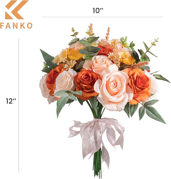 FANKO Artificial Flowers for DIY, Orange Peach Yellow Faux Flowers Bouquet, Fake Flowers with Roses Daisy Silk Flowers for Vase, Home Decor, Wedding Centerpiece, Floral Arrangement Décor, Party