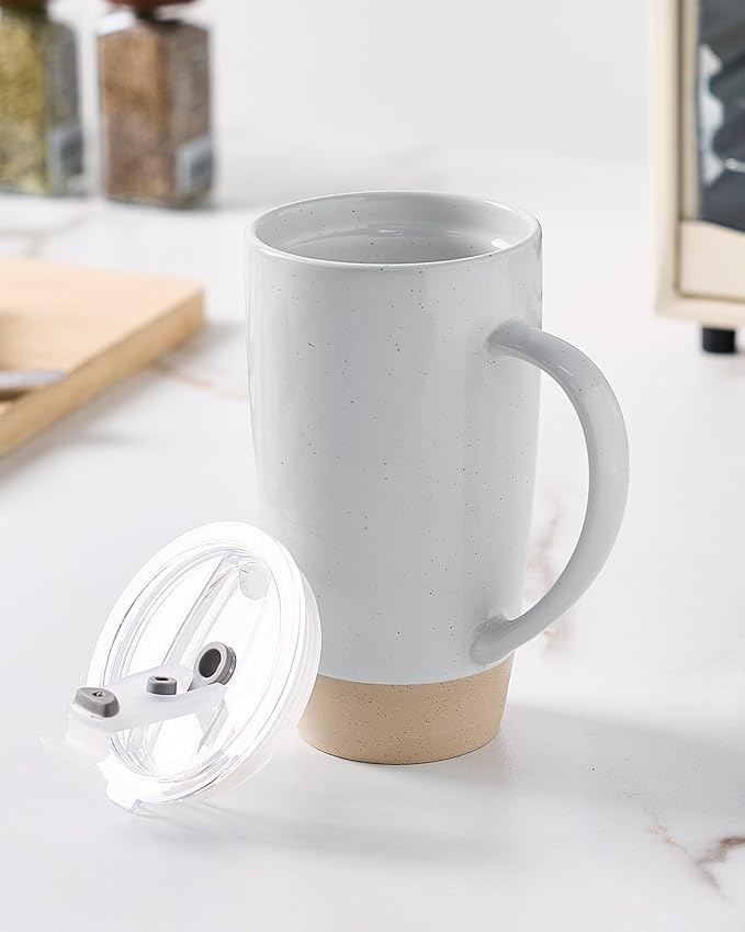 famiware Milkyway Coffee Mug, 20oz Large Coffee Mug, Ceramic Mug with Lid, Tea Cup with Handle for Latte, Tea, Cocoa, Milk, Home & Office, Light Gray