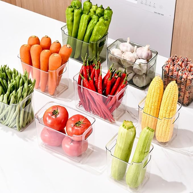 Crystal Clear Freezer Storage Bins, Clear Plastic Storage Bins for Pantry Organizers and Storage, Kitchen Stackable Containers with Handle for Refrigerator, Fridge, Cabinet (2, L)