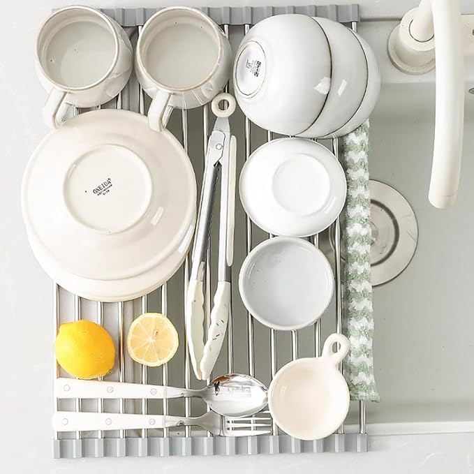 Over Sink Dish Drying Rack, Roll up Dish Drying Rack, 304 Stainless Steel Over The Sink Dish Drainer Rack,Foldable Dish Rack