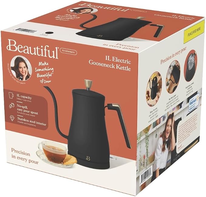Beautiful Electric Gooseneck Kettle, 1 Liter, 1200W, Stainless Steel Interior, Fast Boil, Precision Pour Spout, Auto Shut-Off & Boil-Dry Protection (Black)