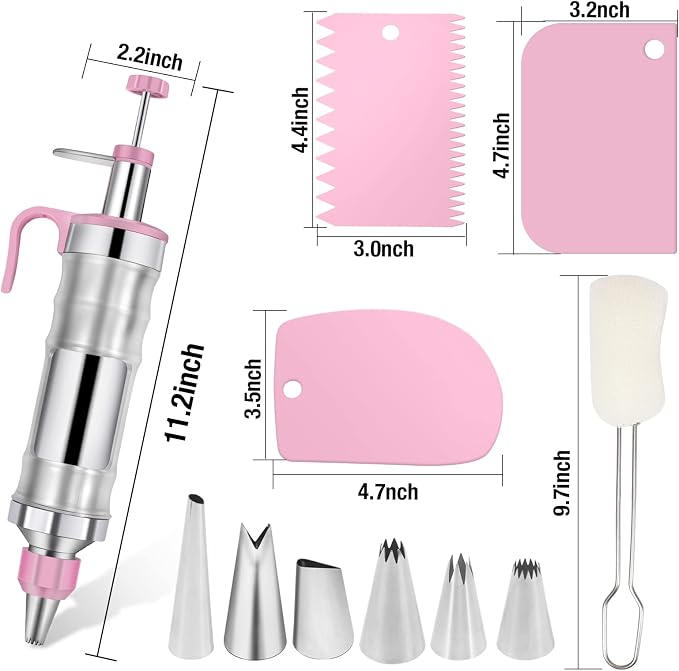 Pink Cake Decorating Kit - 6 Russian Piping Icing Nozzles, 3 Cream Scrapers, Stainless Steel Cupcake Frosting Filling Injector