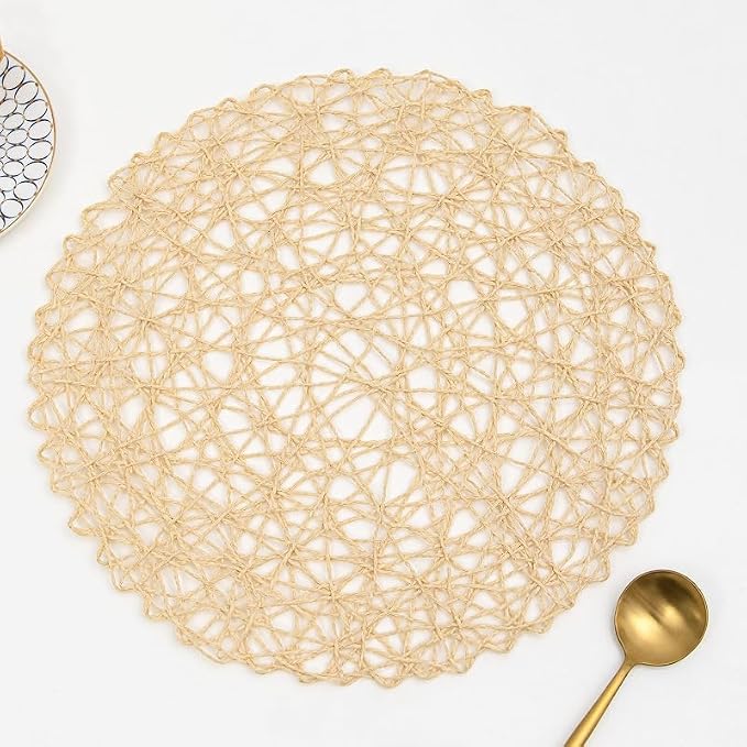 IcosaMro Beige Round Placemats Set of 6 for Dining Table, 15 Inch Paper Woven Boho Decorative Circle Place Mat for Wedding Christmas Thanksgiving Day Holiday Dinner, Beige