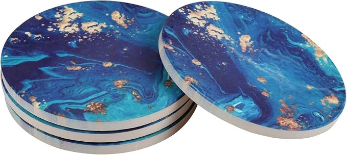 Blue Coasters for Drinks Absorbent Stone Coaster Set,Ceramic Cup Holder Coasters Coffee Mug Place Mats with Cork Base,Prevent Furniture from Dirty and Scratched,Ideal Home Decor|Mandala Style Set of 4