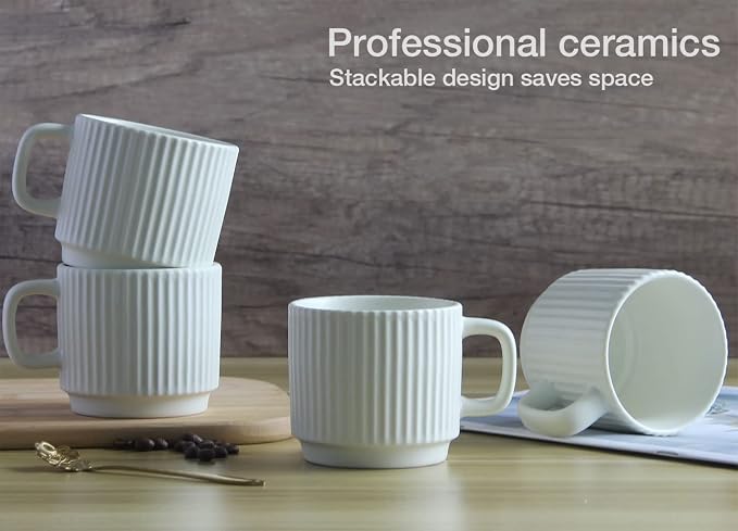 Stackable Coffee Mugs Set of 4, 7 OZ Espresso Ceramics Cups for Latte Cappuccino Cocoa with Handle, Beige