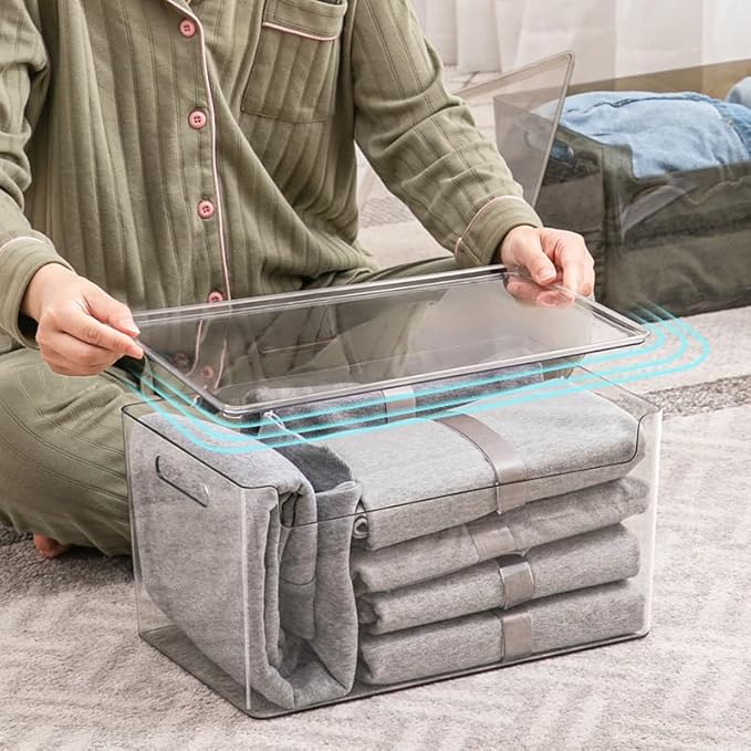 Transparent plastic storage box with lid and handle, stackable kitchen organizer for refrigerator, cabinet, pantry, bathroom, and office (Transparent color (with lid), XL)