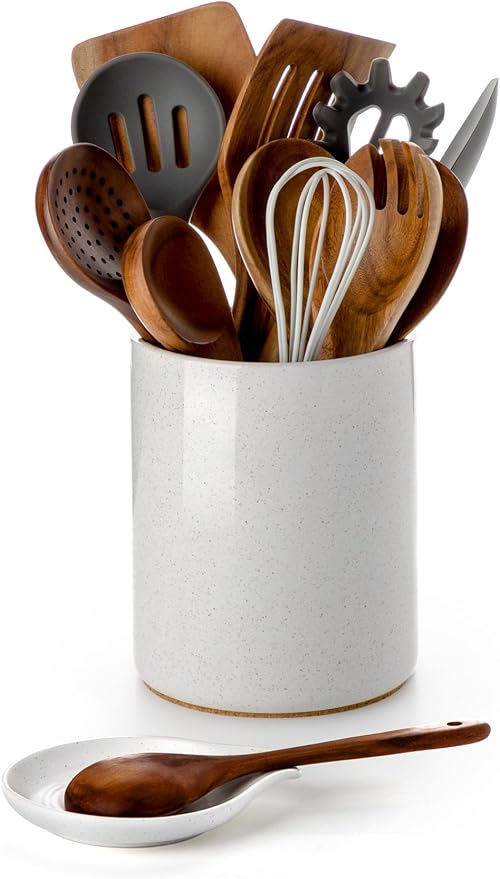 Nucookery White Ceramic Utensil Holder with Spoon Rest for Kitchen Counter | 6.4'' large countertop cooking utensil crock, 6.29'' spoon rest holder organize,farmhouse decor, thanksgiving christmas gift