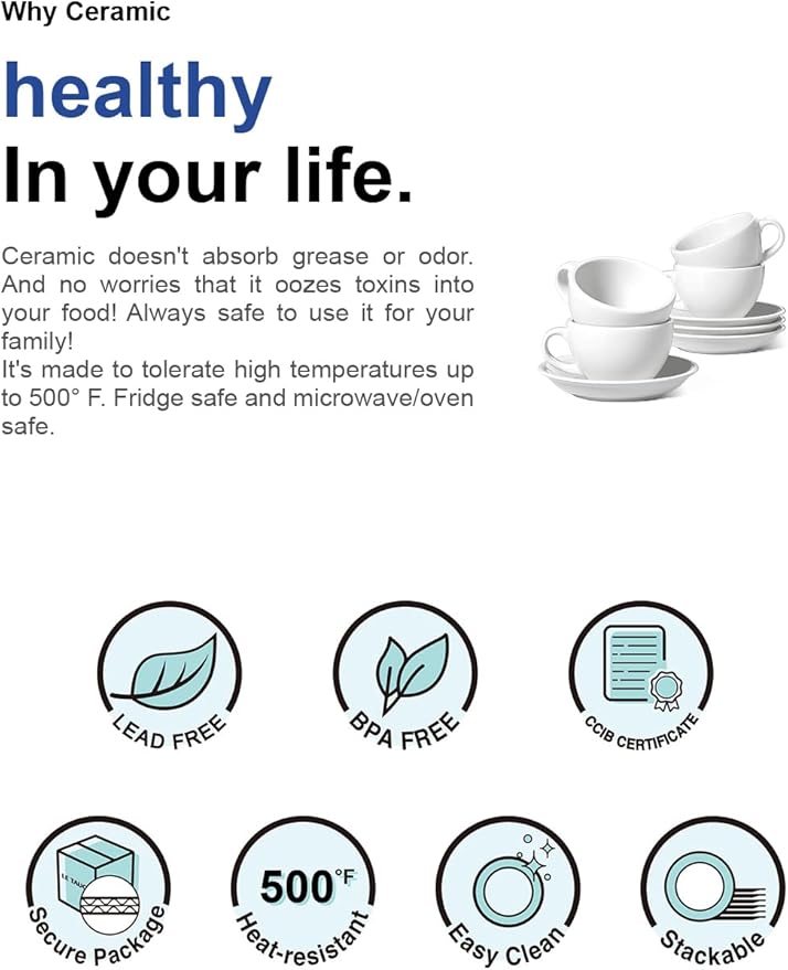 LE TAUCI 3 oz Espresso Cups with Saucers, Set of 4 Ceramic Demitasse Cup and Saucer Set for Double Espresso Shot, Lungo, Ristretto, Embossed Coffee Cups, White