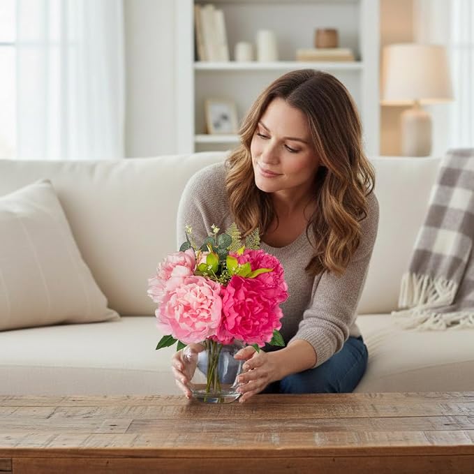 Hollyone Fake Flower Arrangements in Vase Pink Peonies Artificial Flowers Peony Bouquet Silk Floral Flower with Glass Vase with Faux Water for Home Decor Bathroom Coffee Table Centerpiece Decorations