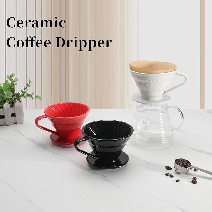 Mongdio Ceramic Pour Over Coffee Dripper, Reusable Porcelain Portable Pour Over Coffee Maker, Slow Brewing Accessories with 1 Holes for Home - Size 02 Black