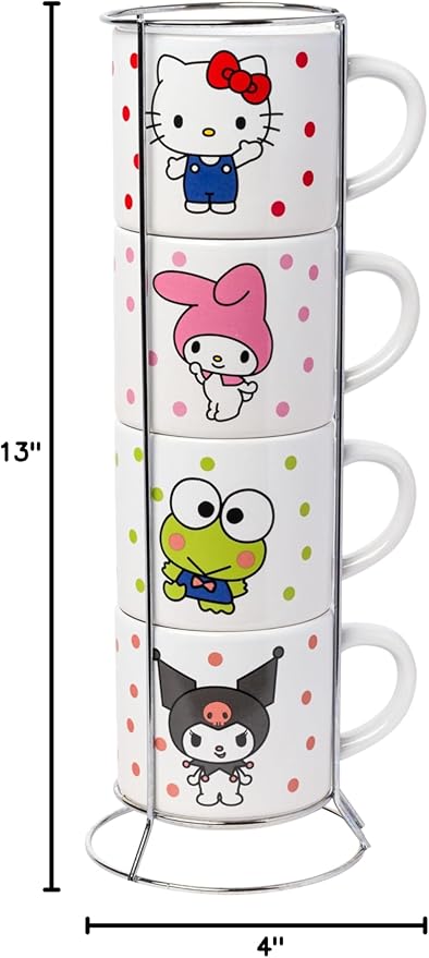 Silver Buffalo Sanrio Hello Kitty and Friends Featuring My Melody, Keroppi, and Kuromi 4 Pack Ceramic Mug Stack Set, 10 ounces