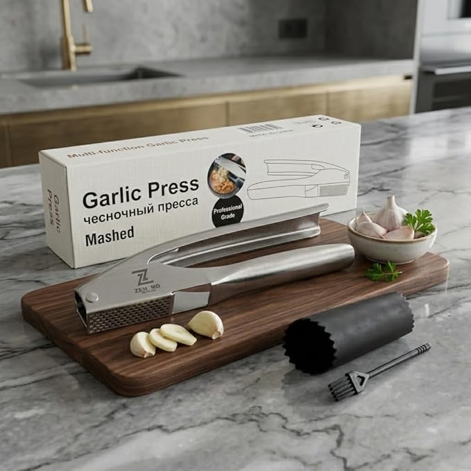 Premium Garlic Press Stainless Steel, Heavy Duty Mincer & Crusher Tool, Large Capacity Ginger Press and Masher, Easy Squeeze Presser, Rustproof Dishwasher Safe Kitchen Gadget