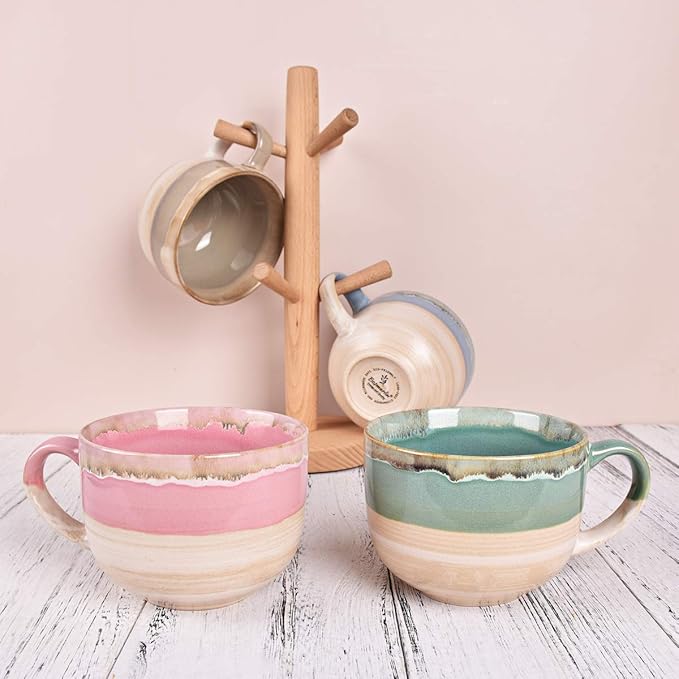 Bosmarlin Large Ceramic Coffee Mug Set of 2, Stoneware Jumbo Latte Mugs Tea for Office and Home, 16 Oz, Dishwasher and Microwave Safe(Pink, 2)