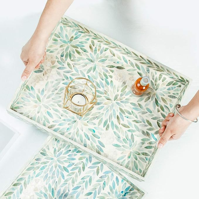 I-lan Creative Rectangular Mother of Pearl Shell Severing Tray Lacquer Wooden Decorative Tray Handmade Shell Serving Tray (35cm)