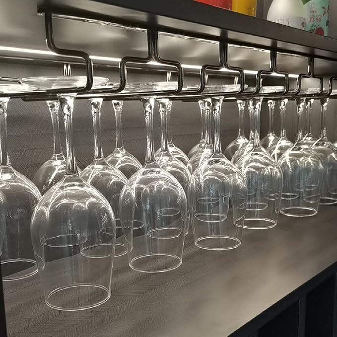 Black Wine Glass Rack - Under Cabinet Stemware Rack, Holds up to 14 Glasses, Hanging Stemware Holder, Stainless Steel Glasses Storage Hanger for Home Kitchen Bar