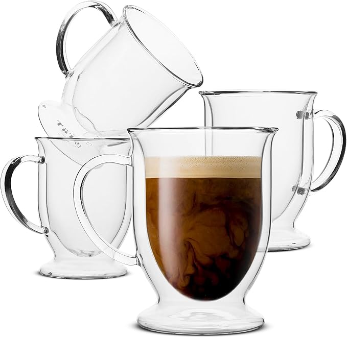 BTaT- Double Walled Glass Coffee Mugs, 16 oz, Set of 4, Glass Coffee Cups with Handle, Insulated Clear Coffee Mug for Hot and Cold Beverages, Cappuccino, Latte, Tea, Americano, Microwave Safe
