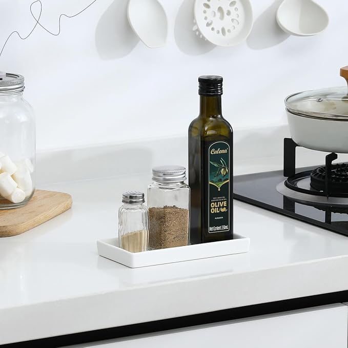 Luxspire Bathroom Vanity Tray, Mini Soap Dispenser, Small Ceramic Perfume and Jewelry Dish, Trinket Holder, Rectangle Candle Tray, Bath Organizer Kitchen Sink Narrow Dish, White