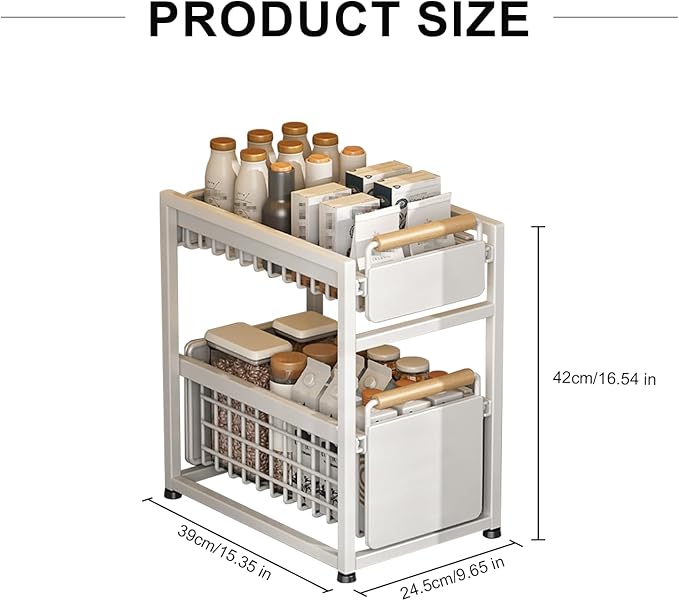 2 Tier Pull-out Storage Organizer, Slide Out Kitchen Cabinet Storage Sliding Shelves, Under Sink Organizers Drawer, Mesh Cabinet Basket with Handle for Bathroom, Home(White,Double Layer S)
