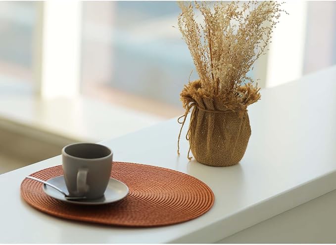 FunWheat Round Braided Placemats Set of 6 Place Mats for Dining Tables Woven Washable Non-Slip Table mats Small 13 inch(S Dark Orange, 6pcs)