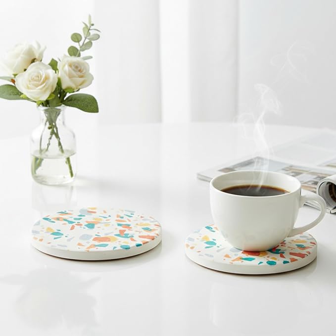 Terrazzo Coasters Set of 6, Ceramic Absorbent Drink Coasters, Cute Mid Century Boho Coaster, Coffee Table Desk Decor, Colorful Stone Coaster for Drinks