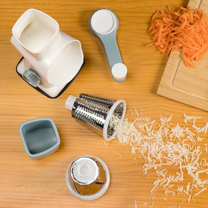 Badelite Cheese Grater Hand Crank Rotating Cheese Shredder Stainless Steel Vegetable Slicer Grater for Kitchen 3 Blades for Cheese, Carrot, Cucumber, Nuts, Chocolate, White
