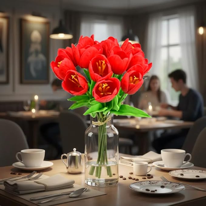 Mandy's Red Partially Open Artificial Tulips Flowers Centerpiece, 13.5" Lifelike PU Fake Floral Stems 12pcs for Kitchen Island & Dining Table, Spring Decor for Easter