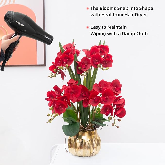 CXGS Artificial Orchid Flower Real Touch Faux Orchids in Ceramic Vase Large 22.9'' Fake Flowers Red Phalaenopsis Floral for Home Indoor Decor