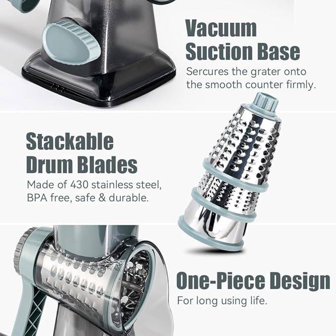 KEOUKE Rotary Cheese Grater Pro 6 in 1 - Shredder Crinkle Slicer Grinder Ice Shaver, Stable Suction, Time-saving Easy Use & Clean, Safe Morden Kitchen Tool for Cheese, Vegetable, Nuts, Chocolate