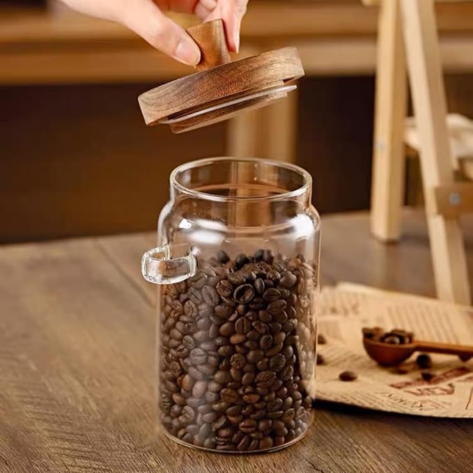 ANSQU Set of 2 Glass Food Storage Jars with Woodens Lid and Spoons, 20.3oz Glass Kitchen Canisters for Coffee, Tea, Cereal, Spice and Canning, Mason Jars, Cute Jars