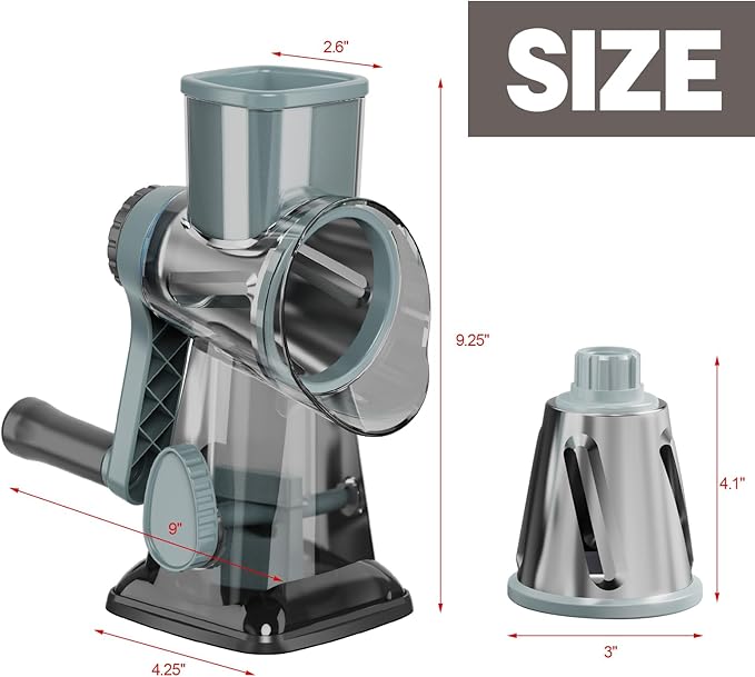 Cheese Grater Cheese Shredder with 3 Interchangeable Blades, Rotary Cheese Grater Manual Vegetable Slicer with Non-slip Suction Base Peanut Nuts Grinder Vegetable Shredder Clear