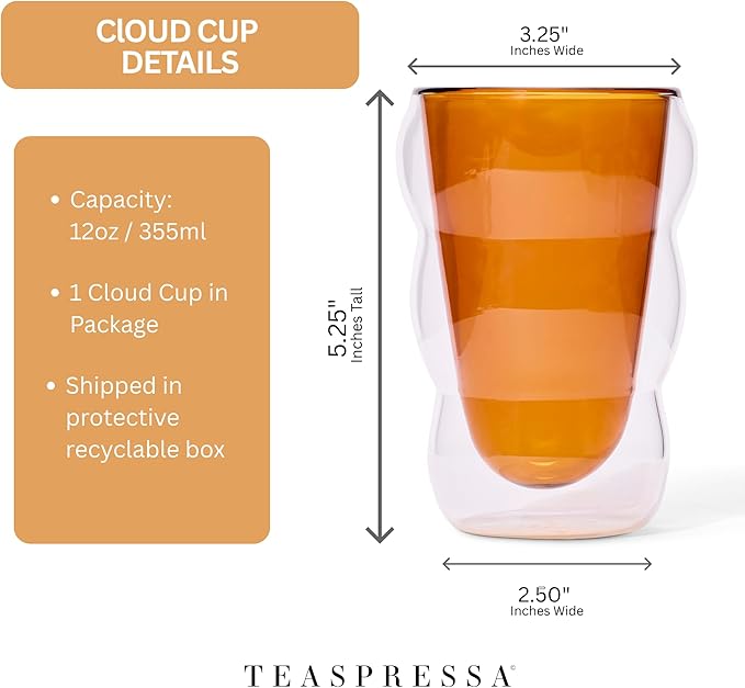 Teaspressa White Glass Cloud Cup 12 oz Double-Wall Insulated Borosilicate Glass – Heat-Resistant – Ideal for Hot or Iced Tea, Lattes, Coffee & More – Minimalist Design – Great Gift