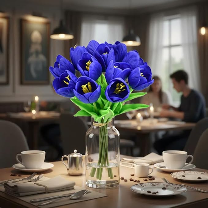 Mandy's Royal Blue Partially Open Artificial Tulips Flowers Centerpiece, 13.5" Lifelike PU Fake Floral Stems 12pcs for Kitchen Island & Dining Table, Spring Decor for Easter