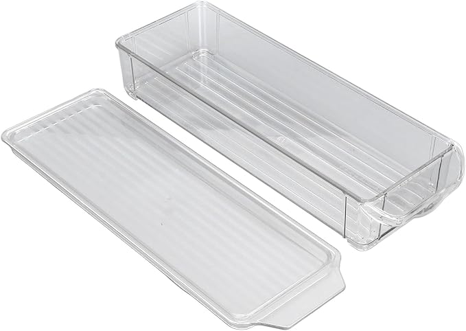 Clear Organizing Bin, Plastic Freezer Storage Containers with Lid Large Capacity Portable Bathroom Organizer Box for Pantry Kitchen Refrigerator (Narrow and short (with cover))
